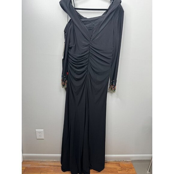 MAC DUGGAL Maxi Gown Dress Black Beaded Cuff Off Shoulder Jersey Stretch Size 16 - Picture 7 of 8